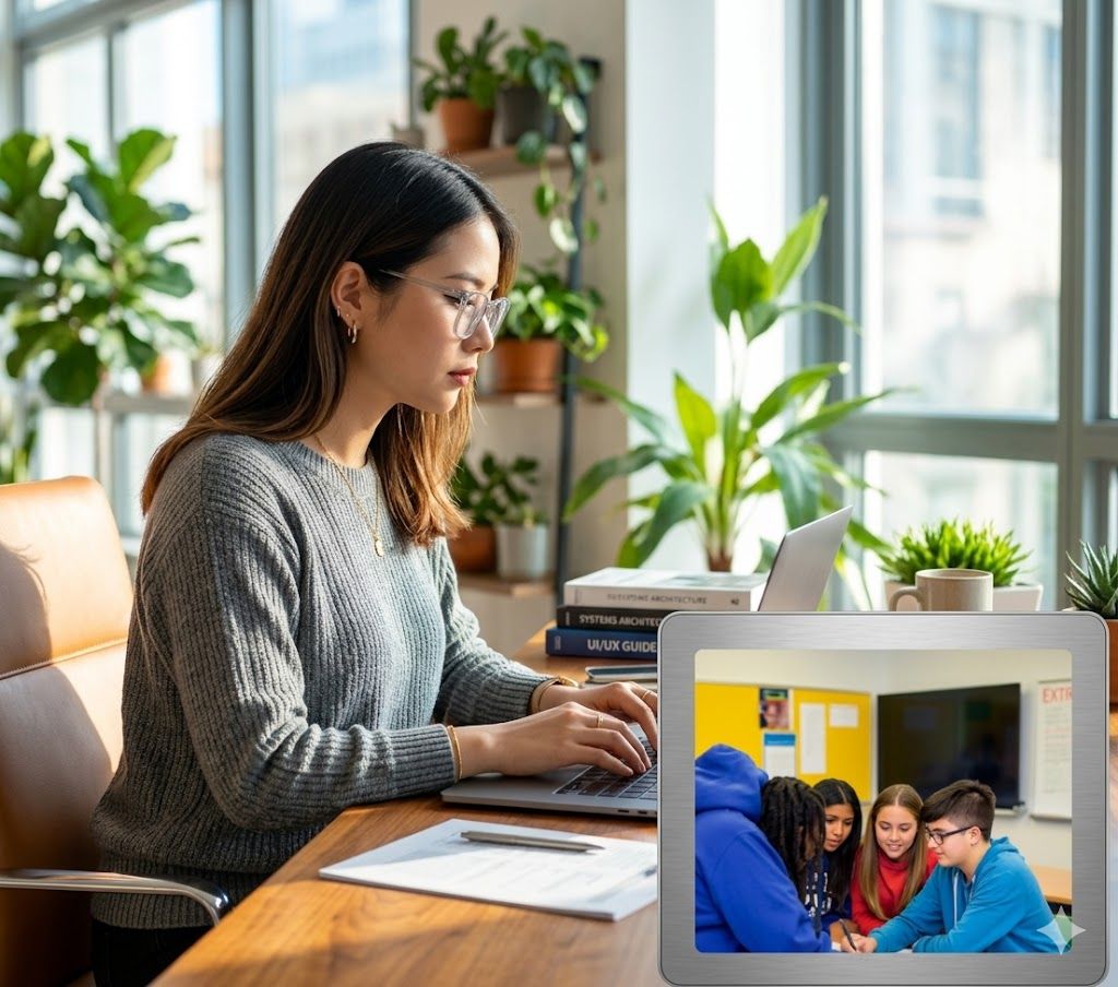Woman working on a laptop in a bright, plant-filled office with an inset of students collaborating.
