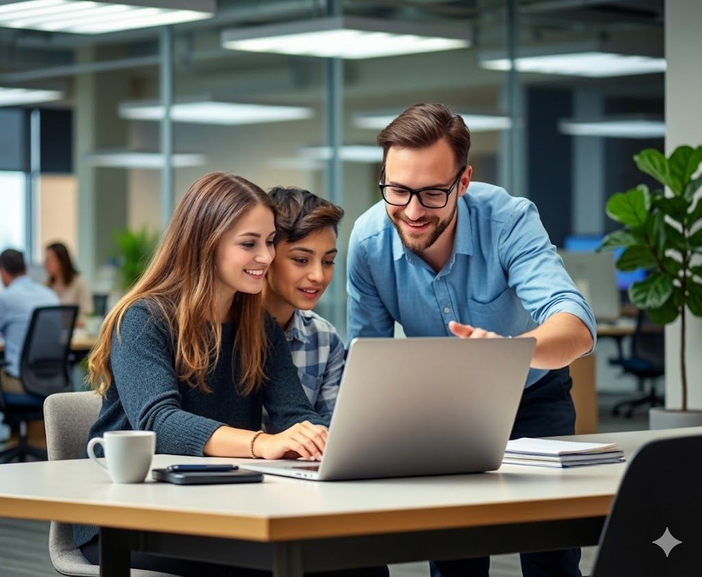 Three colleagues collaborate on a laptop in a modern office environment.